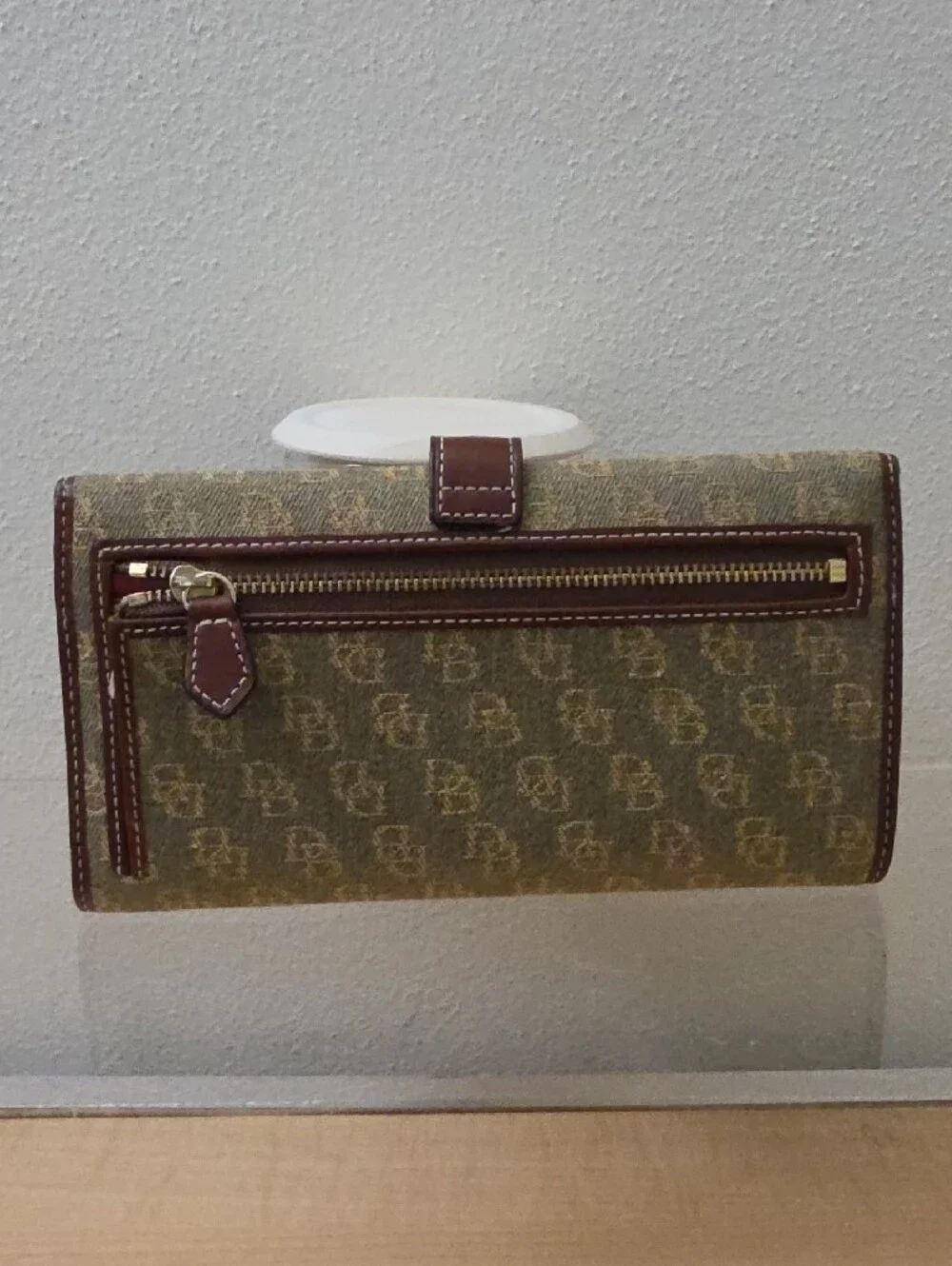 Dooney & Bourke Olive Signature Logo Clutch with Brown Trim